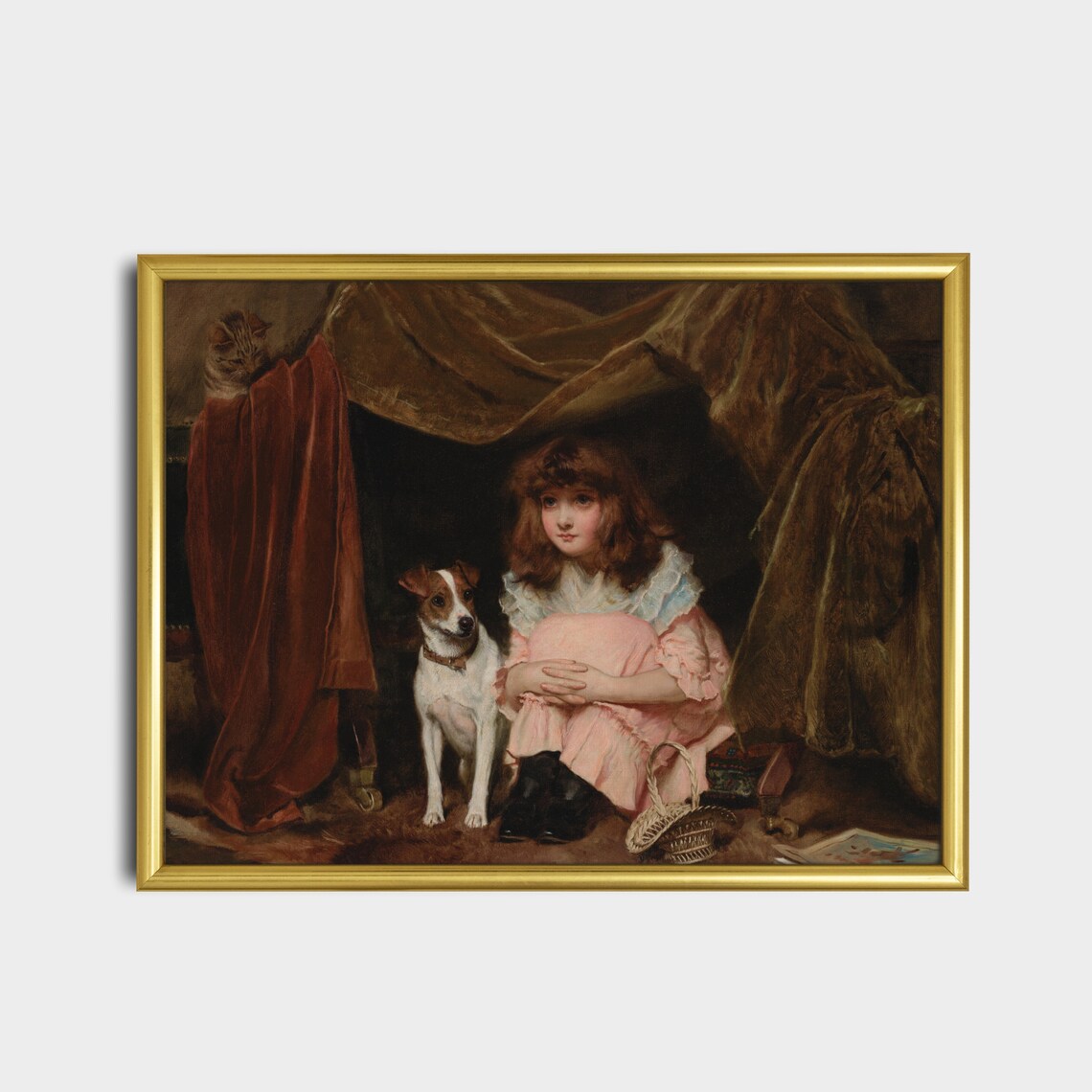 Girl in Pink Dress with Terrier Dog and Cat Vintage Portrait Print - Image 2