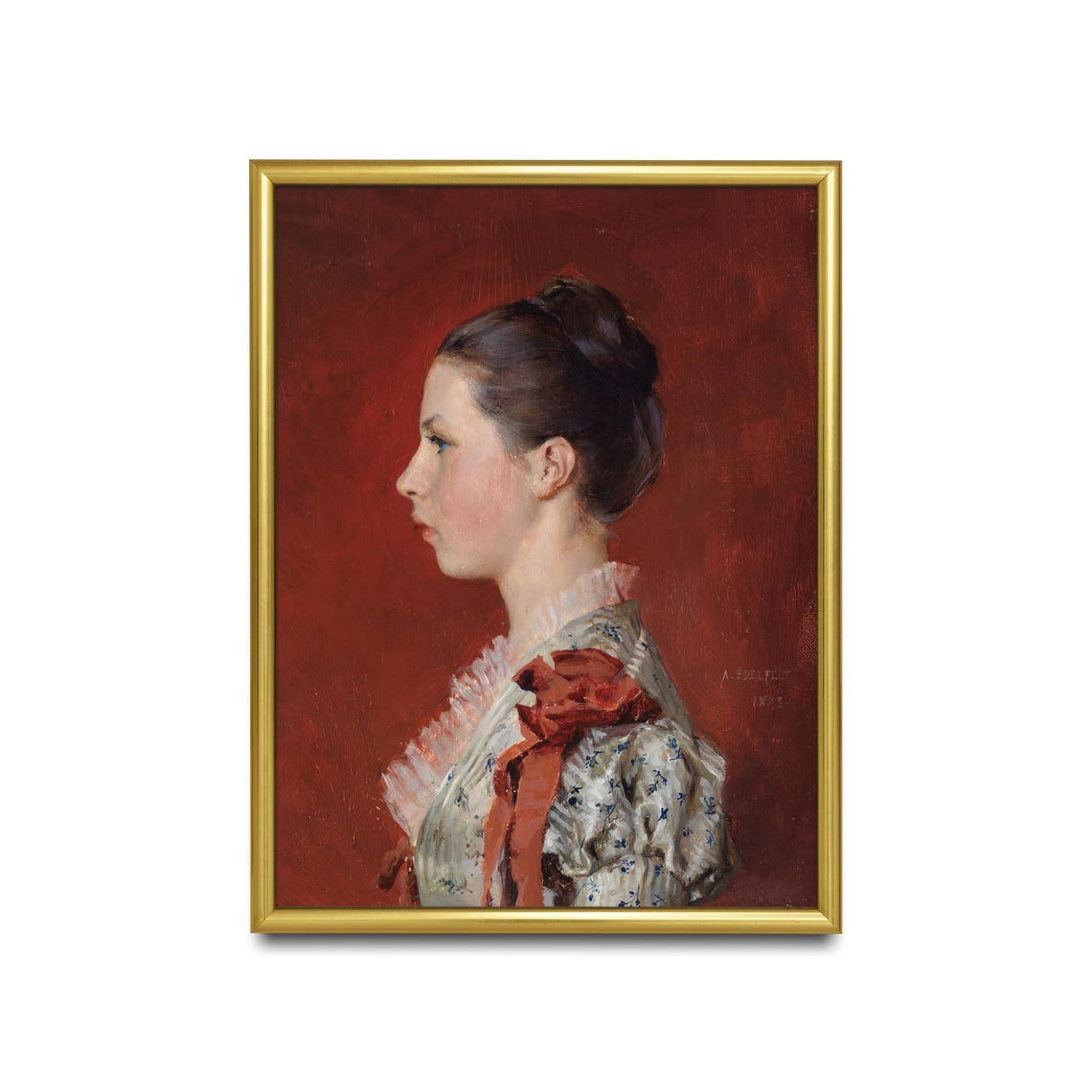 Elegant Victorian Woman Profile Portrait On Red Background Oil Poster - Image 2