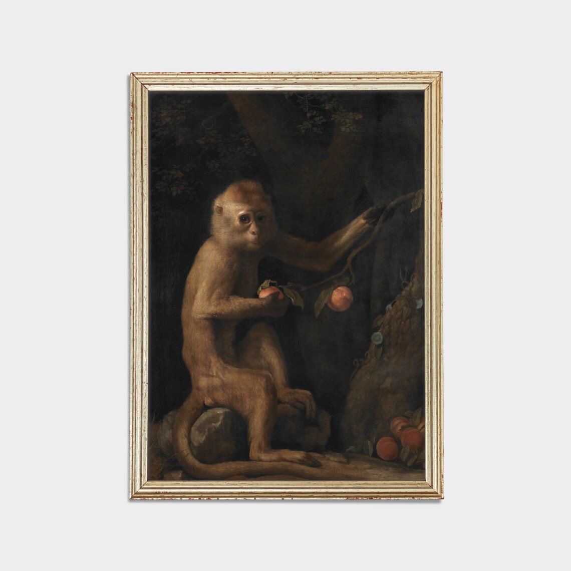 Monkey Holding Fruit In Dark Woods Vintage Primate Oil Painting Poster - Image 3