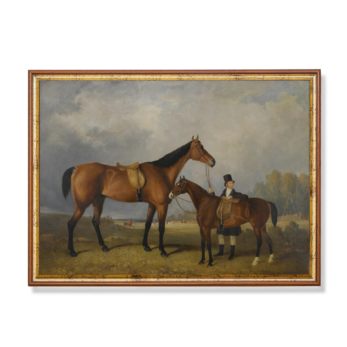 Two Saddled Bay Horses with Groom Antique English Hunt Scene Poster