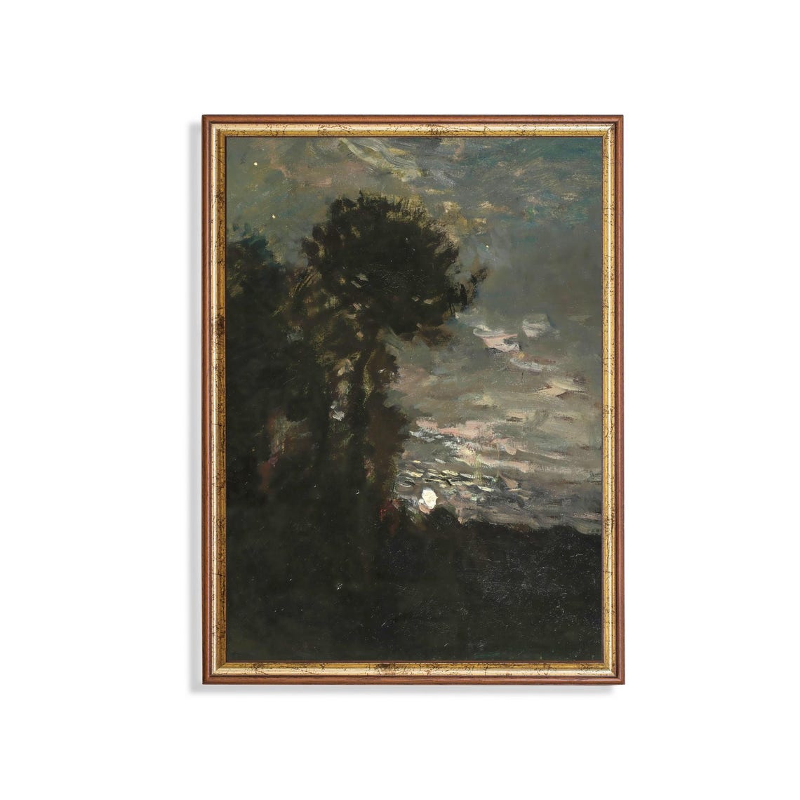 Moonlit Night over Water through Dark Trees Vertical Art Poster