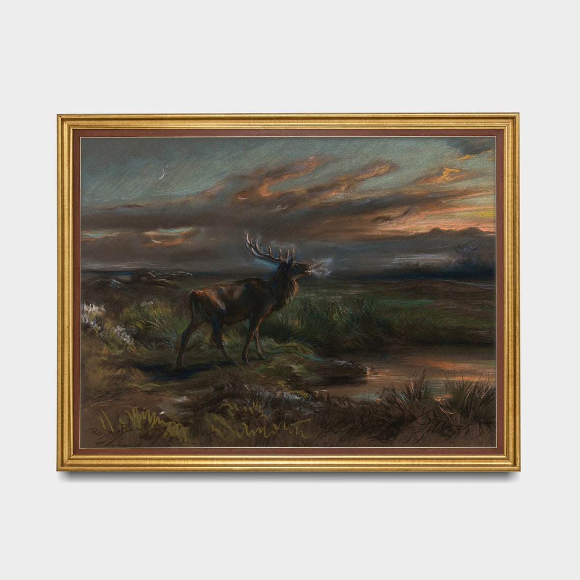 Vintage Stag Red Deer Twilight Moor Moonlit Sky Oil Painting Poster - Image 3
