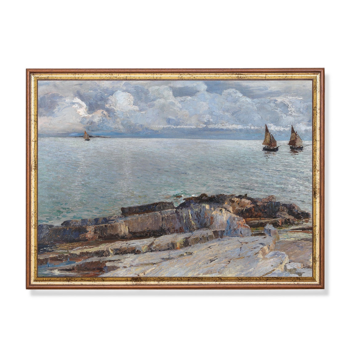 Rocky Coastline Seascape With Sailboats Under a Cloudy Sky Poster