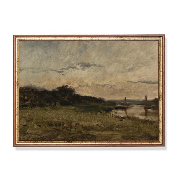 Mailed Print River Landscape Painting Vintage Wall Art Antique Country Scenery Moody Rustic Artwork Farmhouse Decor Fine Art