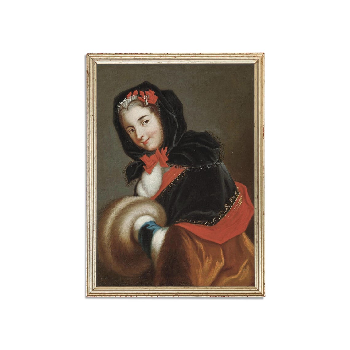 Lady in Fur Muff Red Ribbons Antique Winter Portrait Art Poster - Image 3