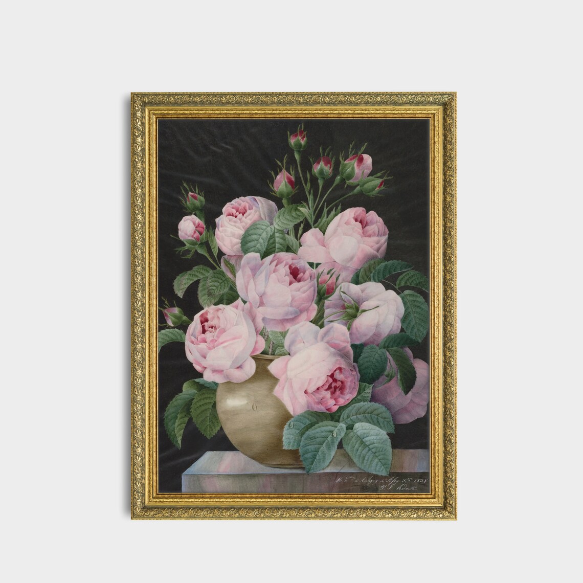 Blush Pink Roses In Brass Vase Against Dark Ground Floral Art Poster - Image 3