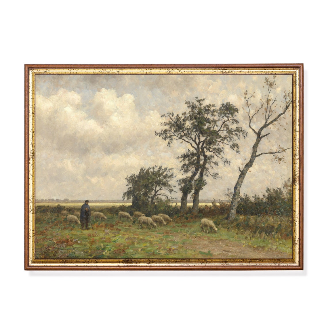 Shepherd With Grazing Sheep Under Cloudy Sky Pastoral Poster