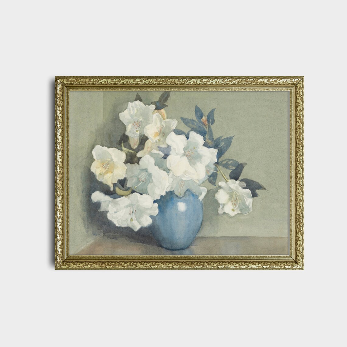 White Azaleas in a Blue Vase Watercolor Floral Painting Poster - Image 2
