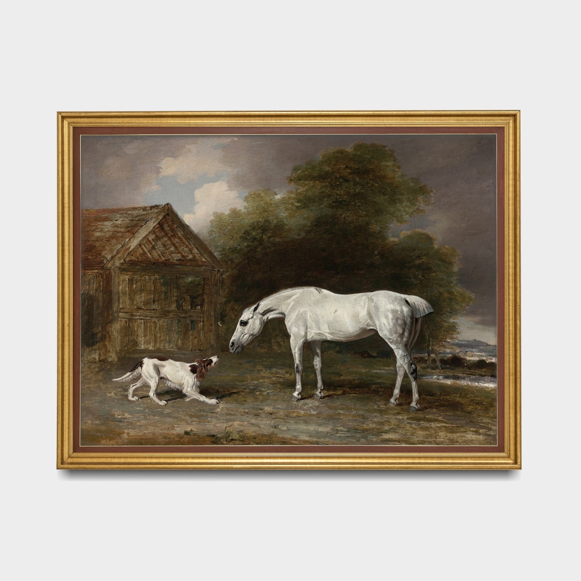 White Horse and Spaniel Dog Before a Rustic Wooden Stable Poster - Image 2