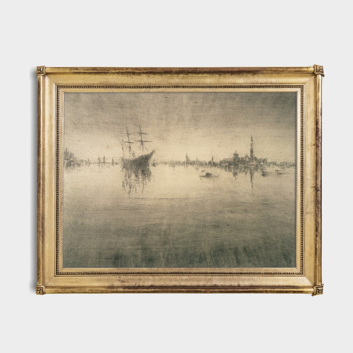 Sepia Misty Harbor with Tall Ship Antique Tonalist Nocturne Print - Image 4