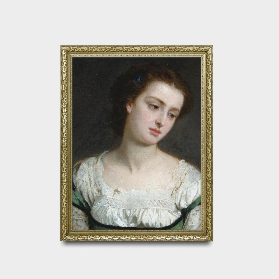 Portrait of a Young Woman in a White Blouse Dark Ground Oil Print - Image 2