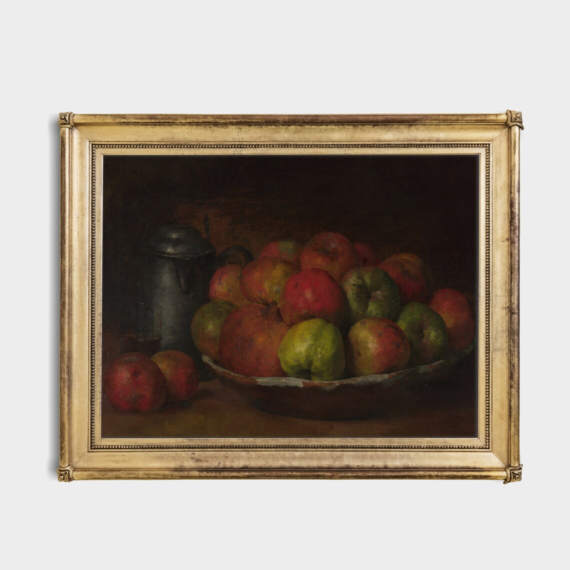 Moody Dark Vintage Still Life of Apples with a Pewter Jug Poster - Image 2