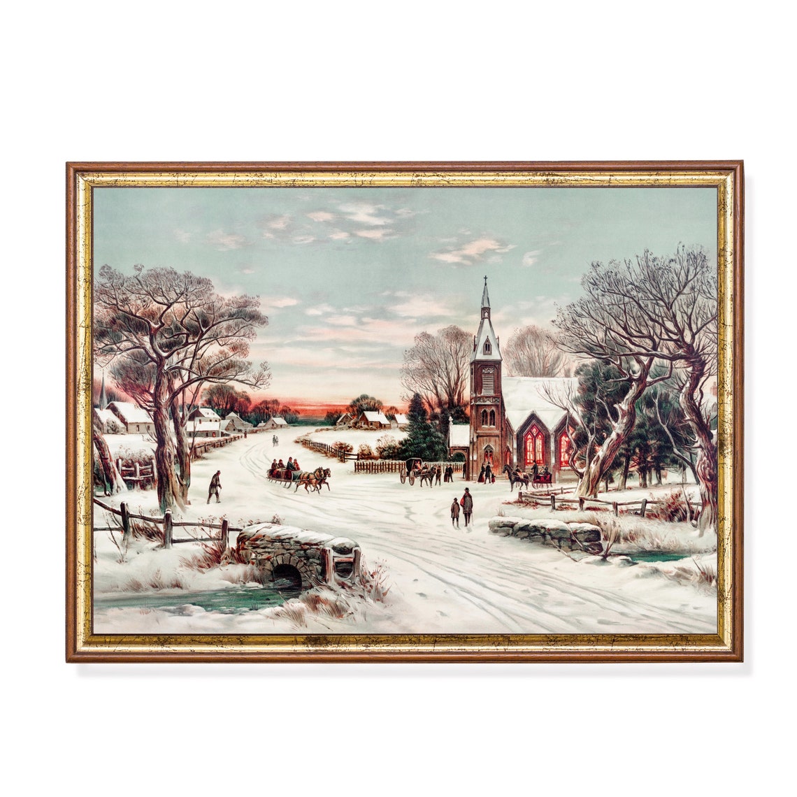Church in a Snowy New England Village with Sleighs Vintage Poster