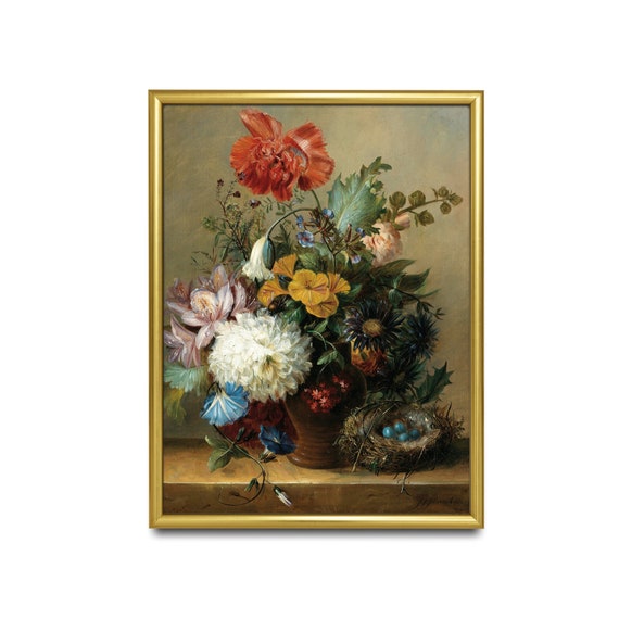 Printed And Shipped Vintage Still Life With Flowers Antique Floral Painting Moody Rustic Print Farmhouse Decor Mailed Print