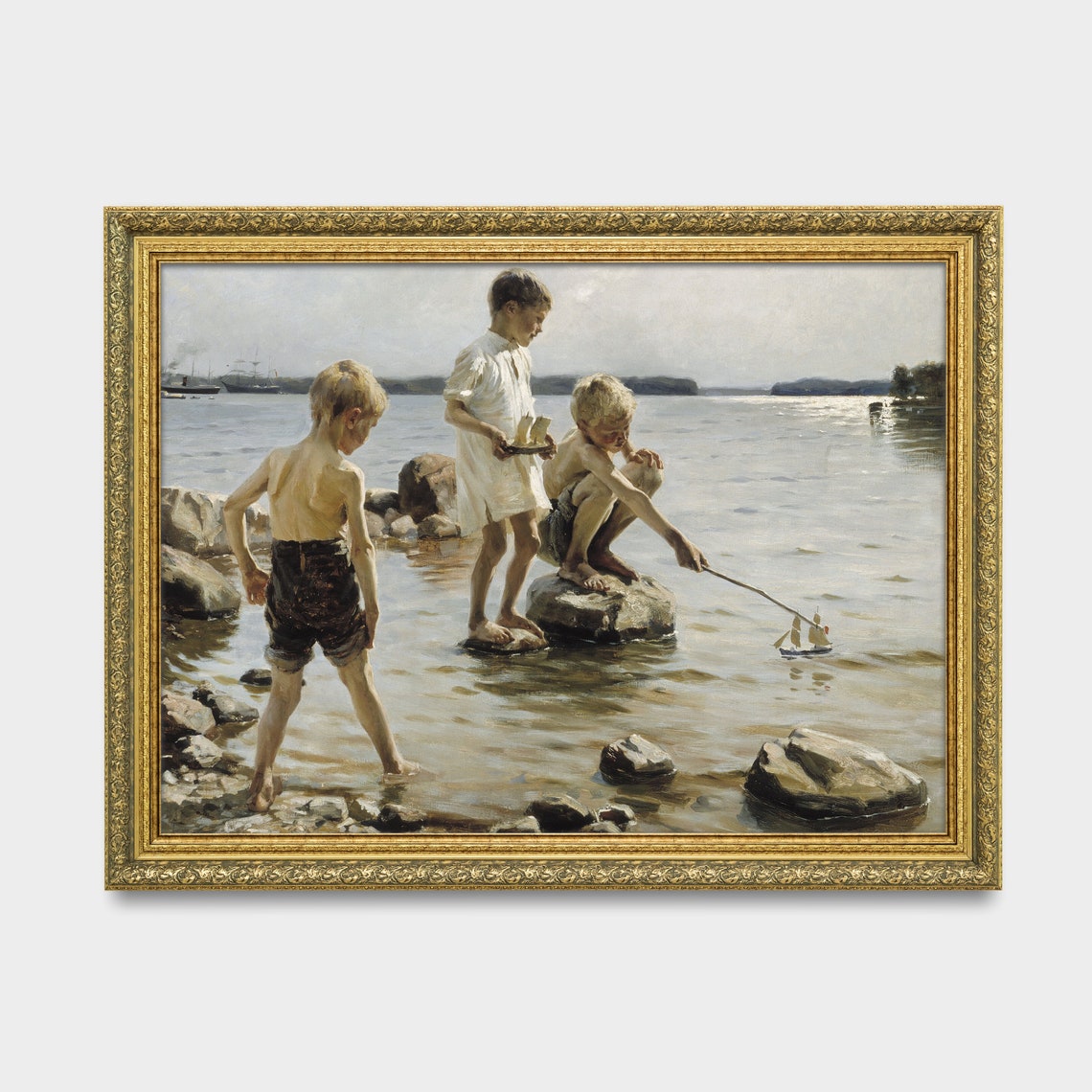 Three Boys Sailing a Toy Boat on a Rocky Shore Antique Painting Poster - Image 3