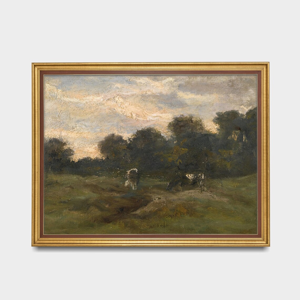 Cows Grazing in Meadow at Stormy Dusk Vintage Oil Painting Poster - Image 2