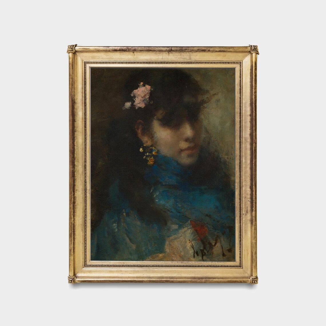 Young Woman in Blue with a Pink Flower in Her Hair Portrait Poster - Image 5