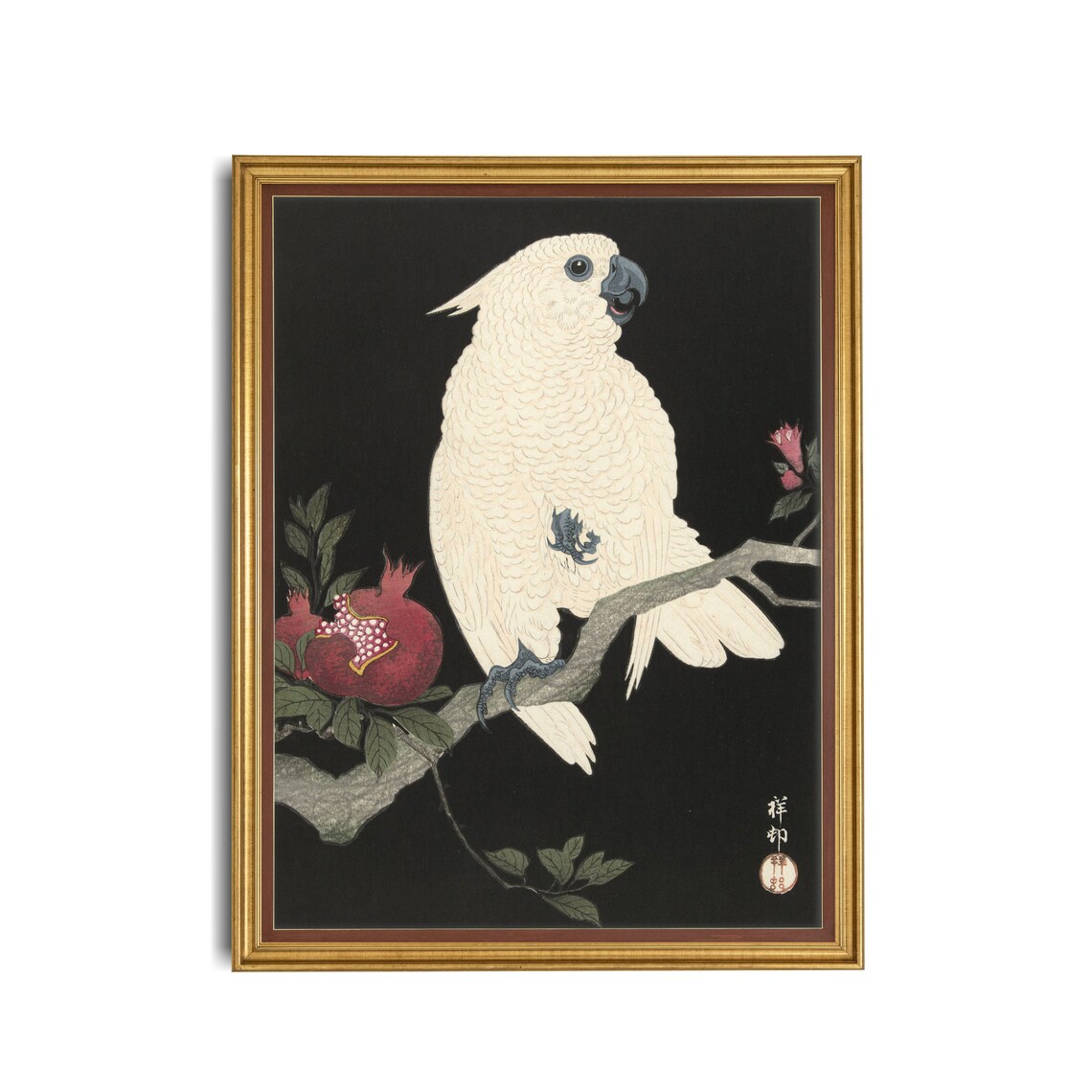 White Cockatoo With Pomegranate Japanese Woodblock Style Poster - Image 2
