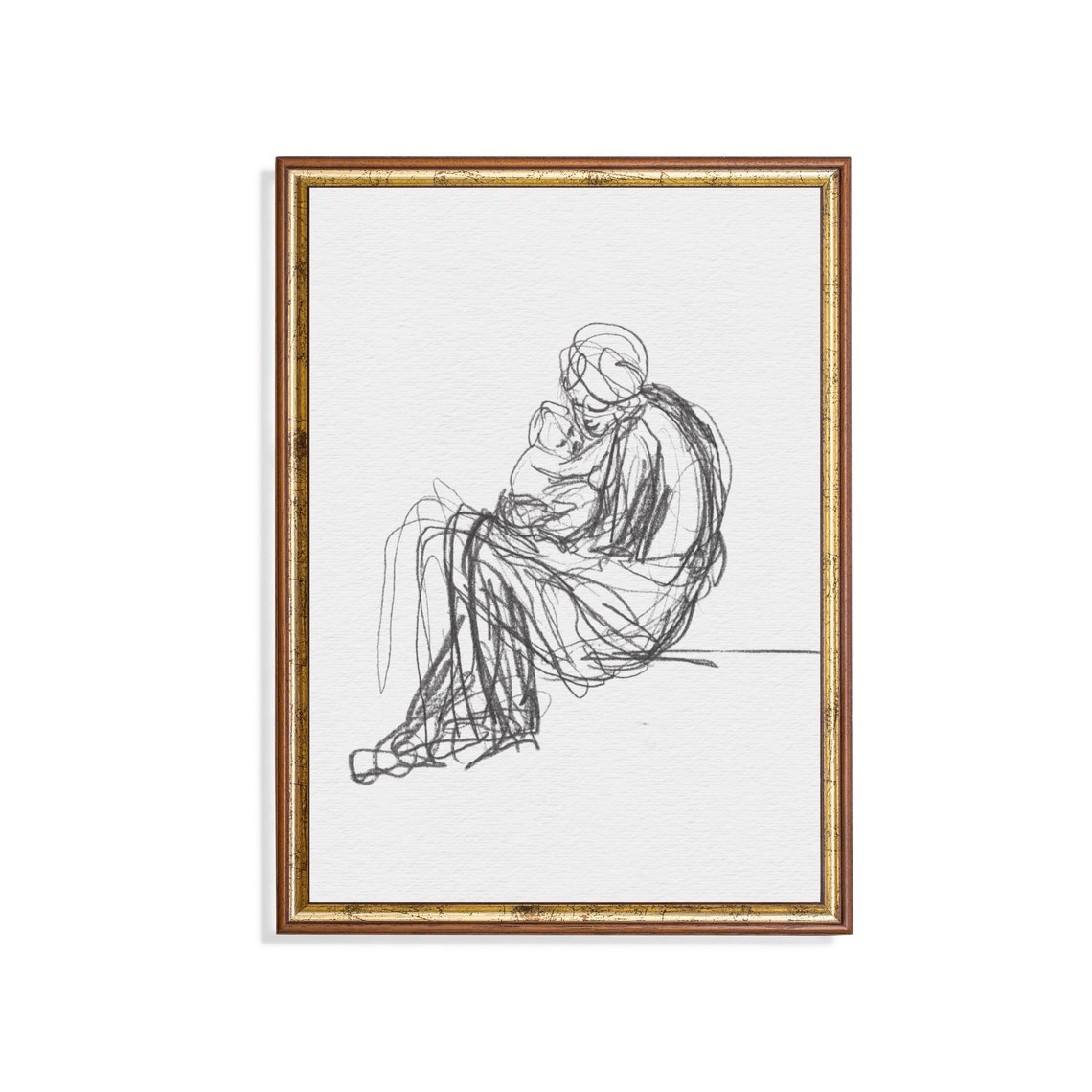 Minimalist Line Sketch of a Mother Holding Her Child Neutral Poster