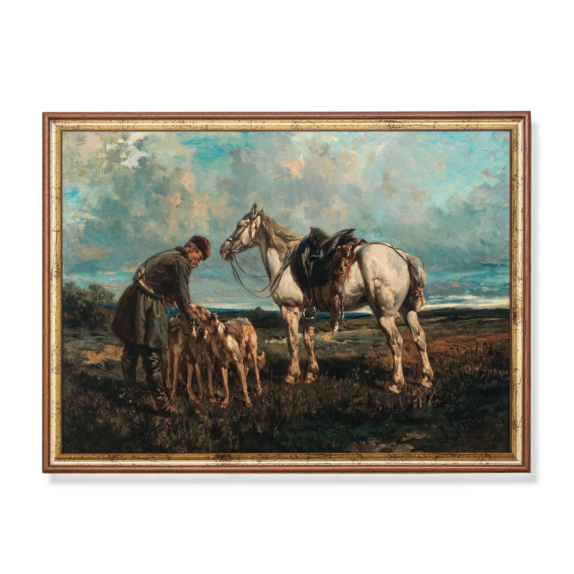 Hunter with His Horse and Hounds Vintage Equestrian Oil Poster
