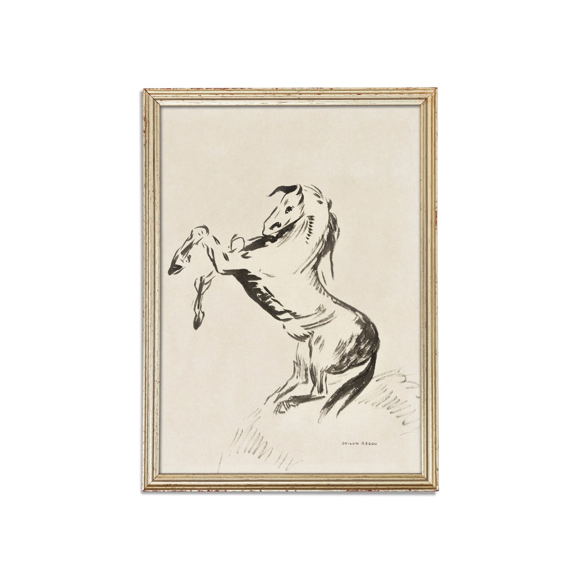 Rearing Horse Bold Ink Sketch Antique Equestrian Drawing Wall Art - Image 3