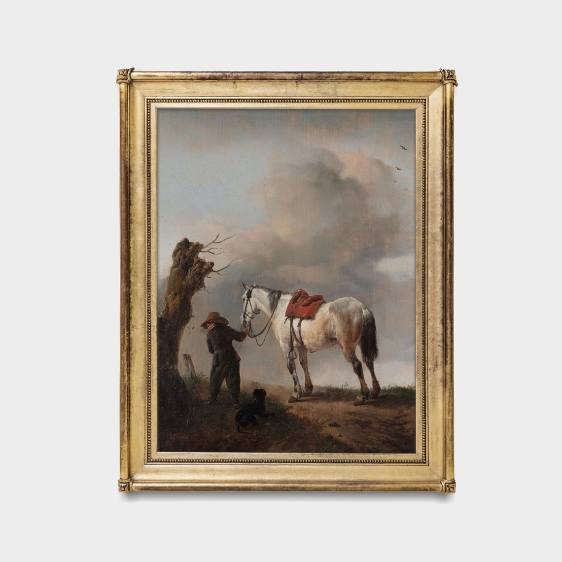 Man with a Saddled Grey Horse and Dog by a Tree Stump Poster - Image 2