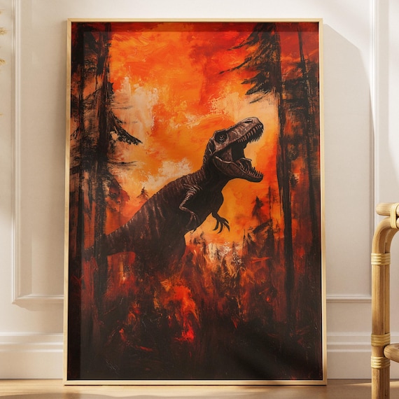 Fiery T Rex Burning Forest Dramatic Red Dinosaur Digital Art Poster