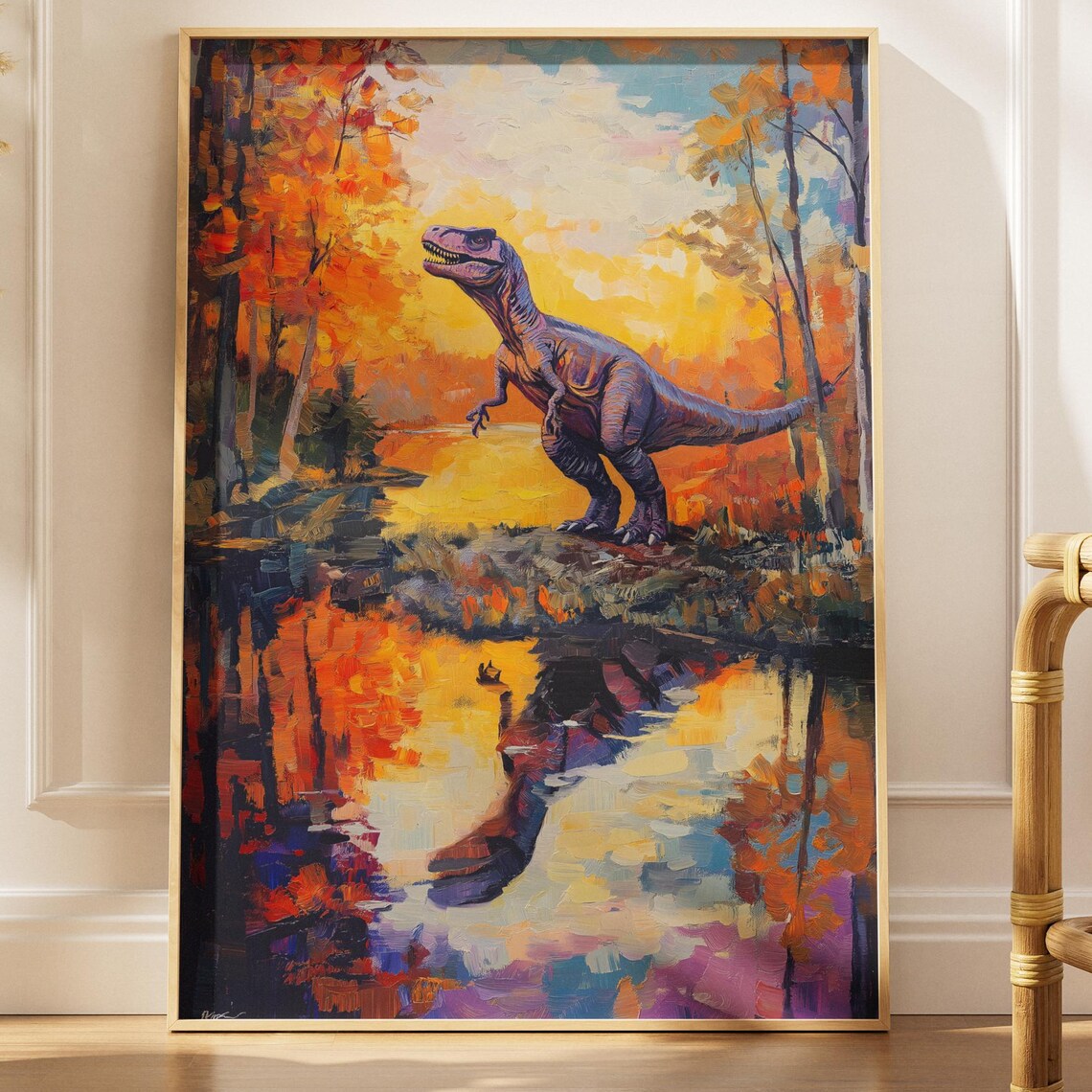 Raptor By Autumn Lake Reflection Impressionist Dinosaur Painting Poster
