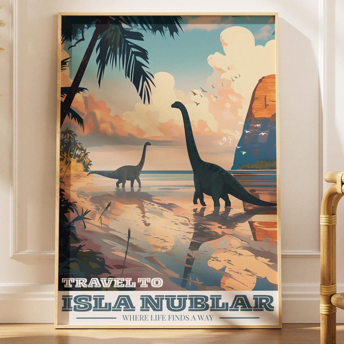 Brachiosaurus Island Sunset, Retro Travel Poster