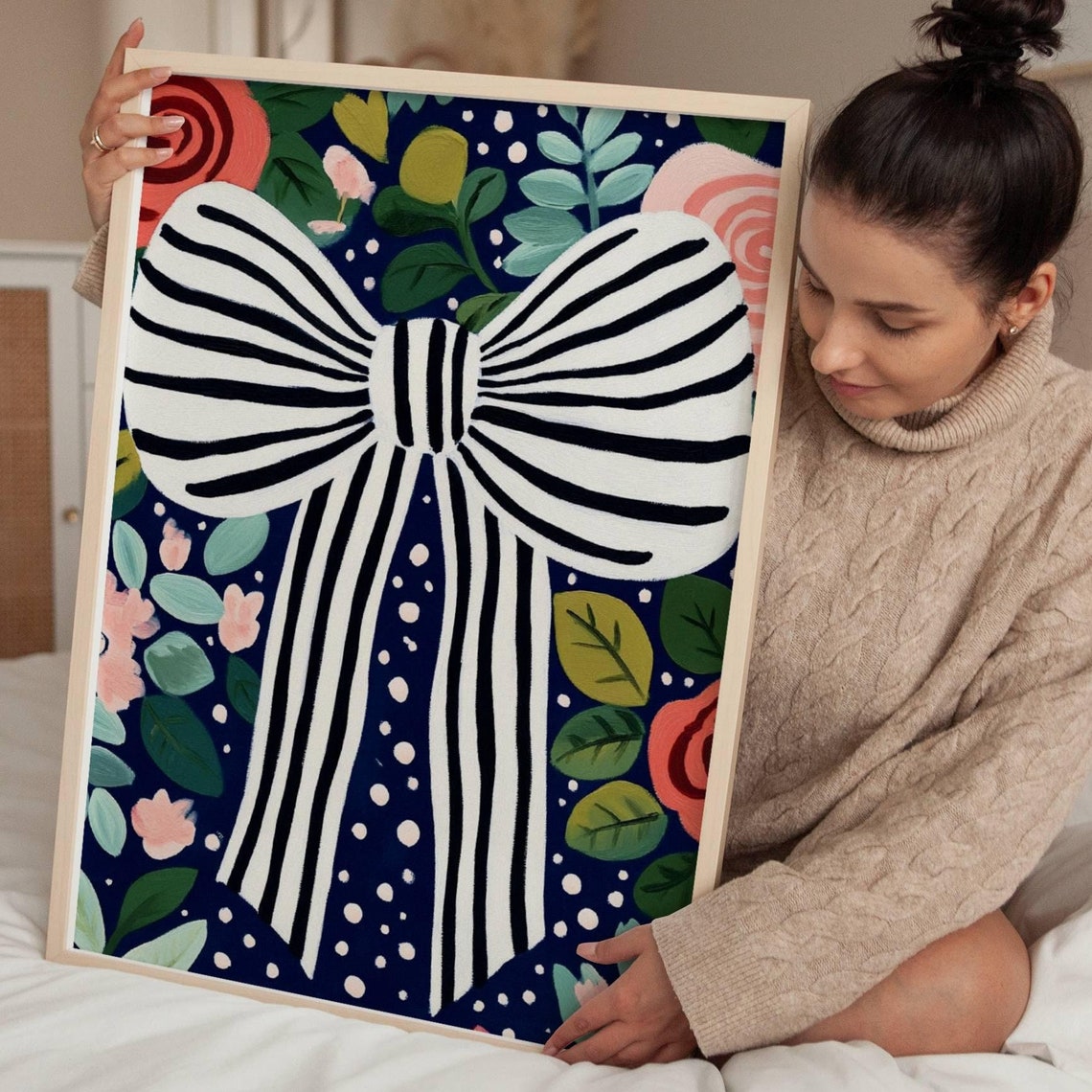 Black and White Striped Bow on Navy Floral Coquette Room Decor Poster