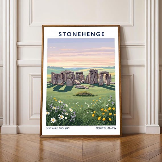 Stonehenge Under Pastel Sky Vintage Gouache Painting Art Print Green Purple Decor Living Room Wall