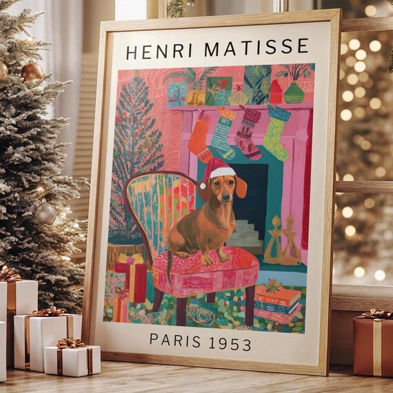 Festive Dachshund Wearing Santa Hat By Christmas Fireplace Art Poster