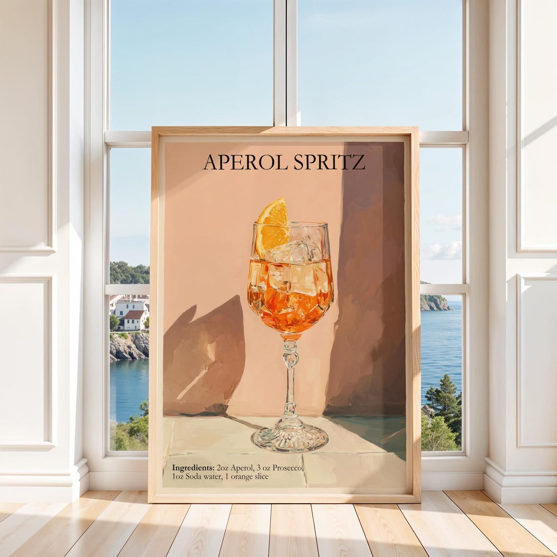 Aperol Spritz Cocktail Recipe Orange Slice Retro Bar Art Poster