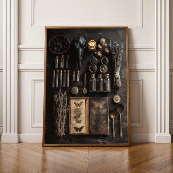Dark Academia Curiosities Cabinet Apothecary Vintage Flat Lay Poster