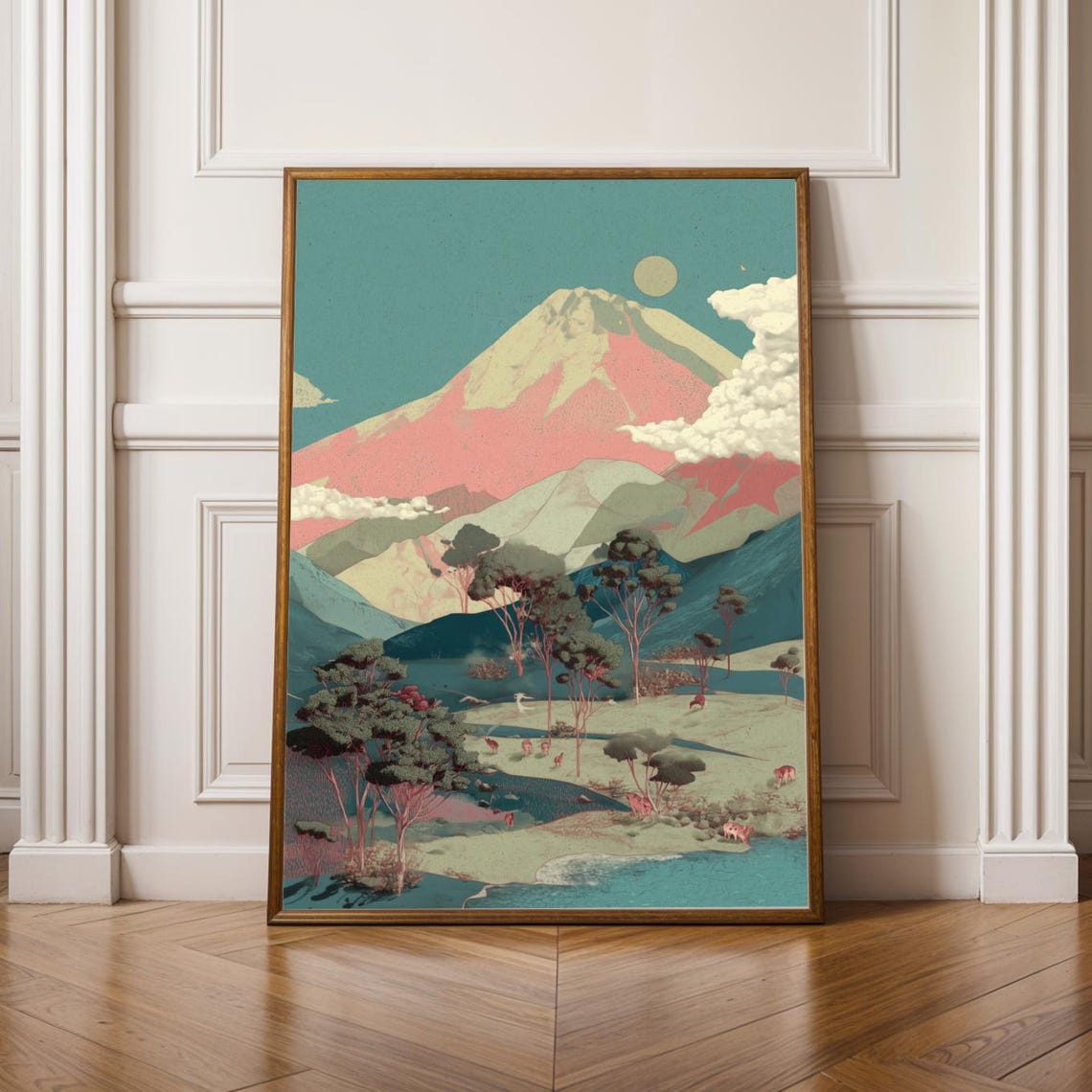 Colorful Boho Mountain Landscape with Deer Wildlife Art Poster