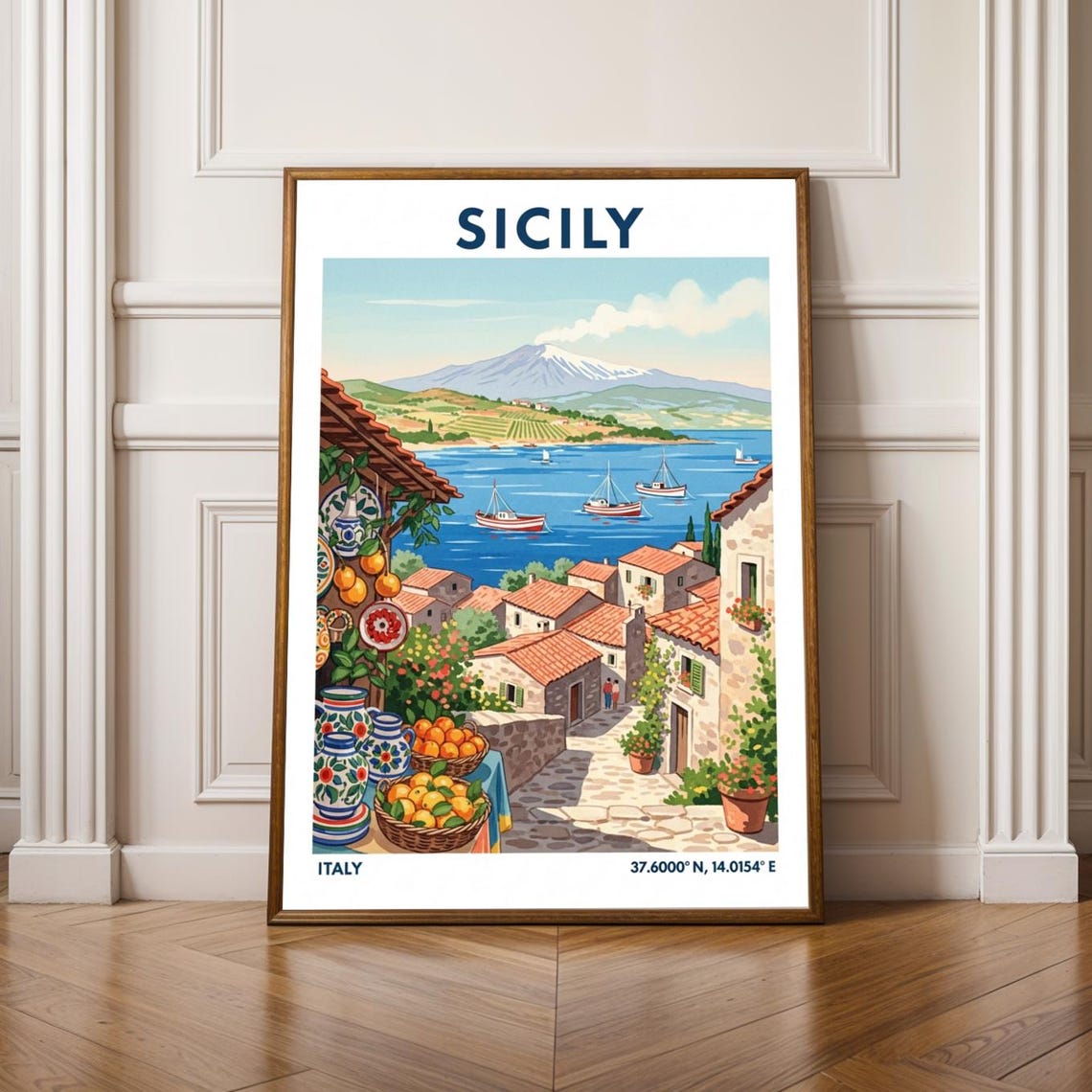 Sicily Coastal Village Mount Etna Fishing Boats Italy Poster