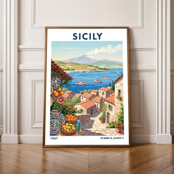 Sicilian Coastal Village Poster Abstract Wall Art Mediterranean Decor Italy Blue Orange Gouache Print Fishing