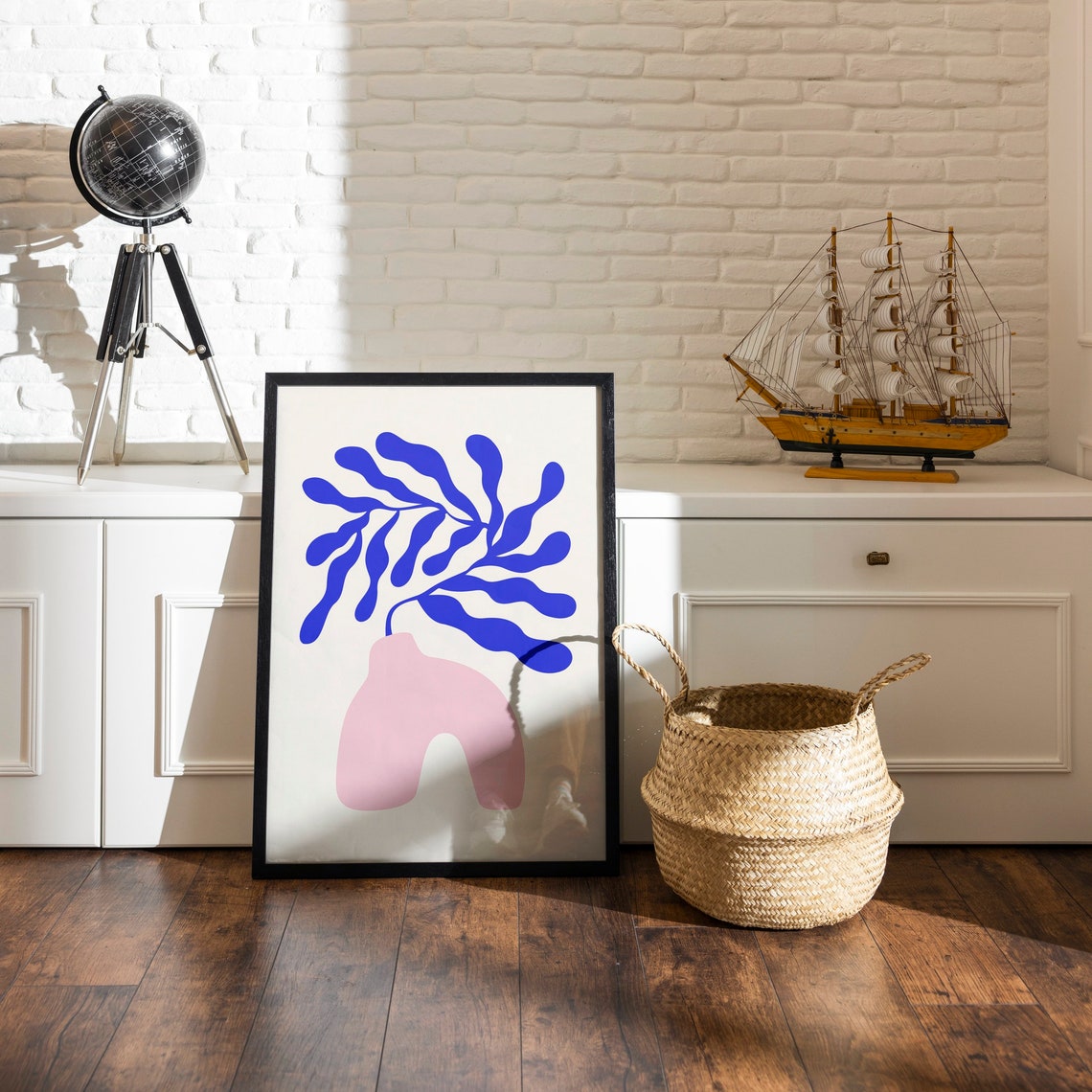 Blue Leaf Botanical Abstract Paper Cutout Pink Vase Art Print - Image 3