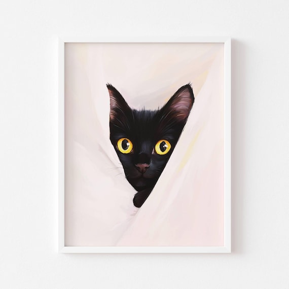 Black Cat With Striking Yellow Eyes Peeking Through Blanket Poster