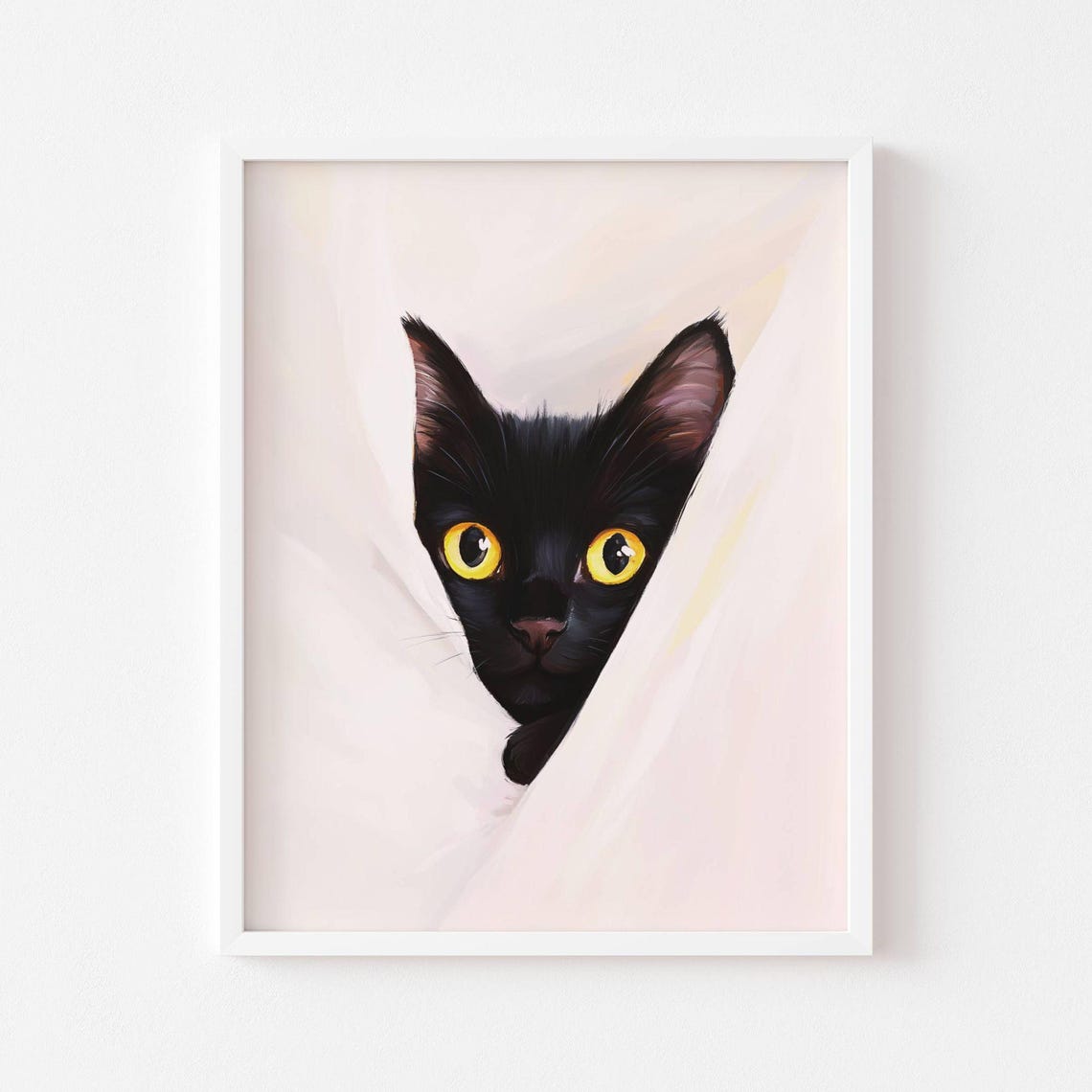 Black Cat With Striking Yellow Eyes Peeking Through Blanket Poster