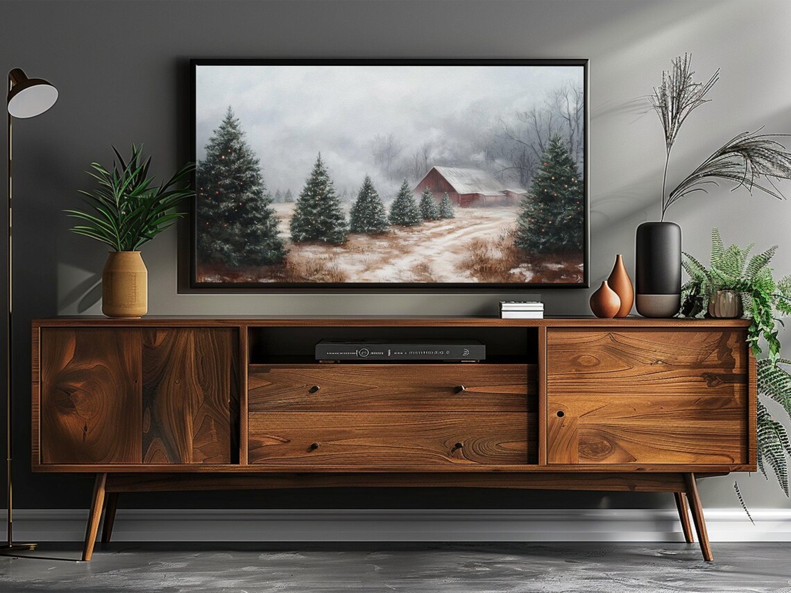 Snowy Evergreens Christmas Lights Red Barn Winter Evening Art Print - Image 3