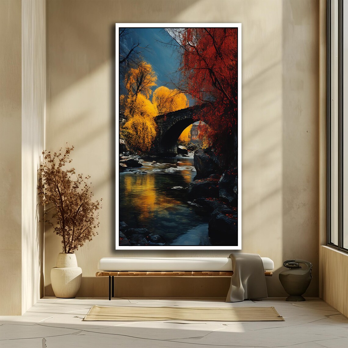 Autumn Stone Bridge River Golden Foliage Landscape Art Poster - Image 2