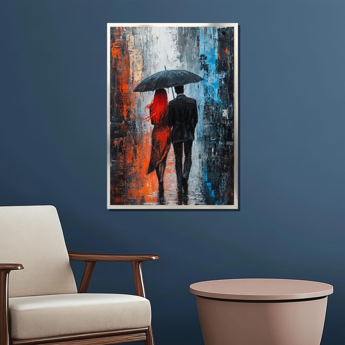 Couple Under Black Umbrella Rainy City Street Orange Blue Poster - Image 2