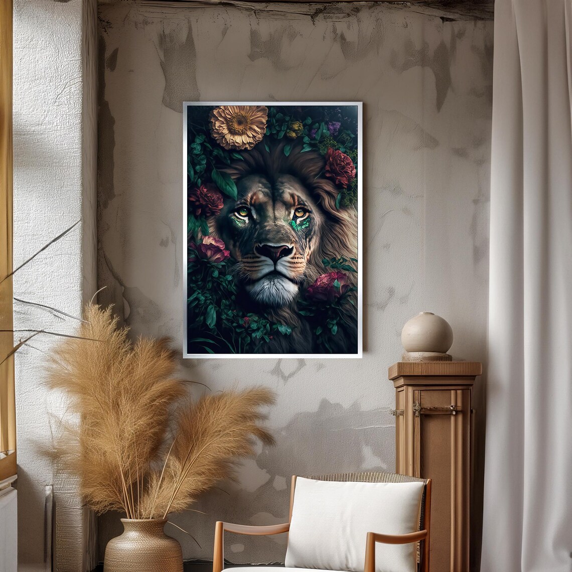 Lion Face Framed by Dark Botanical Flowers Painting Poster For Living Room - Image 3