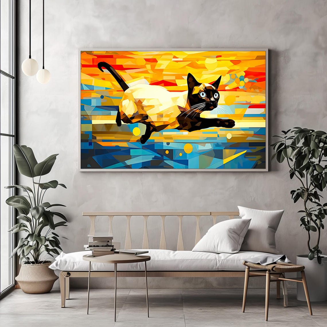 Geometric Siamese Cat Leaping Colorful Pop Art Feline Poster - Image 2