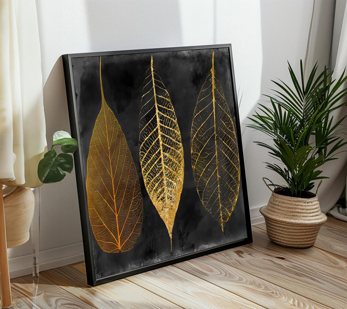 Golden Leaf Skeletons on Black Minimalist Botanical Art Poster