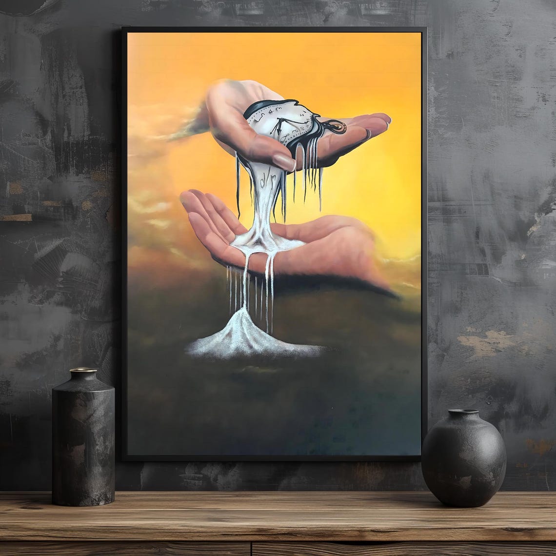 Surrealist Melting Clock Held by Two Hands on a Golden Sky Poster - Image 2