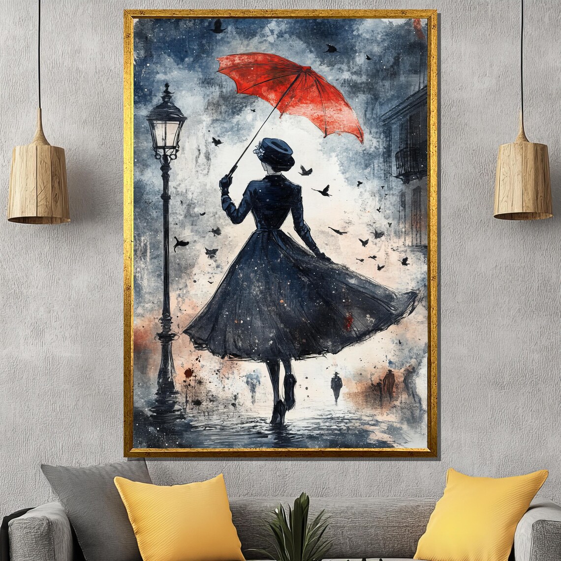 Red Umbrella Lady In The Rain Vintage Romantic Street Scene Poster