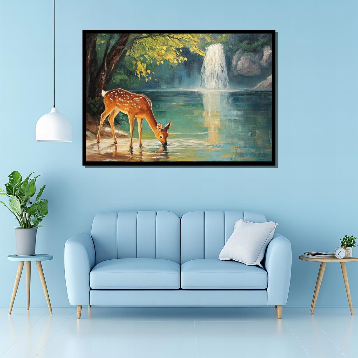Fawn Drinking At The Waterfall Forest Nature Painting Scene Poster - Image 3