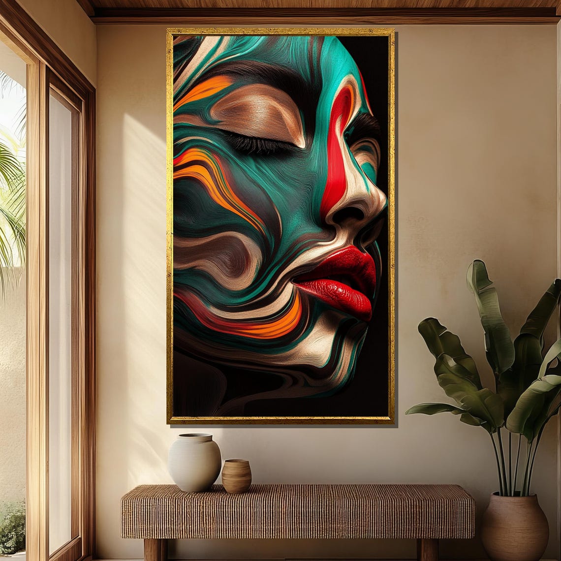 Abstract Woman Face in Marbled Swirls Teal Orange Modern Art Poster - Image 4